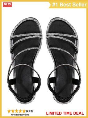 Rhinestone Dressy Flat Sandals Sparkly Strappy Slide Sandals PU Leather